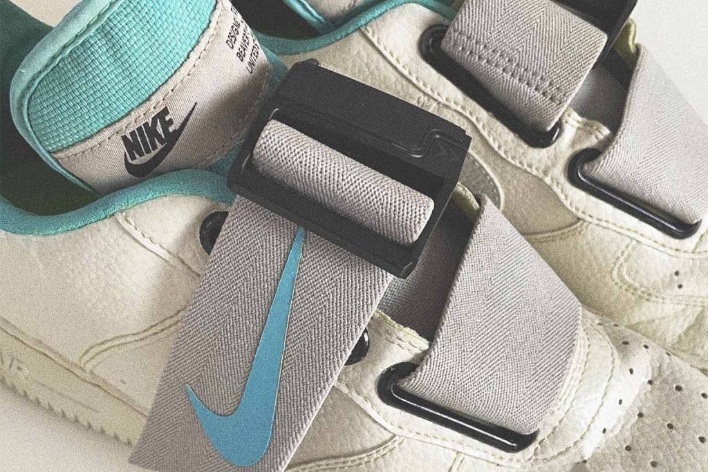 Concept sneakers using Nike Air Force 1 Utility silhouette. The cream upper, yellowish midsole and blue details give an aged look to a futuristic version of the AF1's.